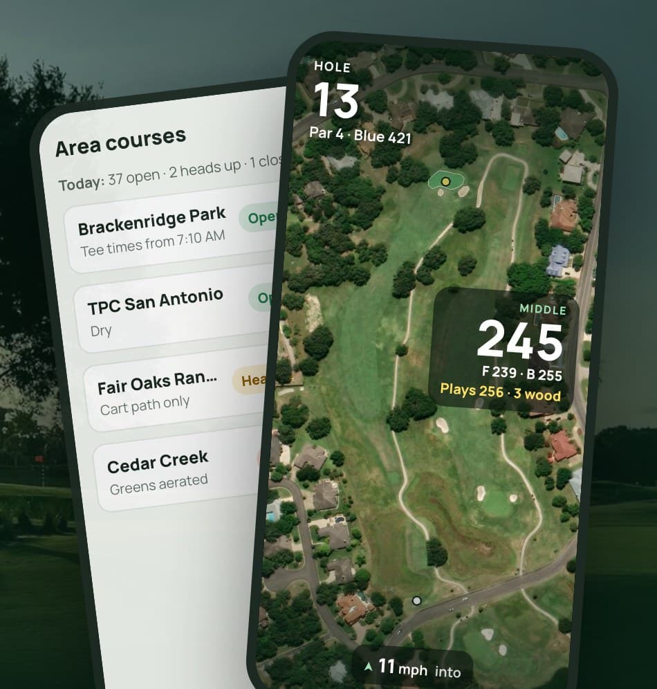 CadddyCard on a phone: area course conditions and a hole flyover with live yardage to the green